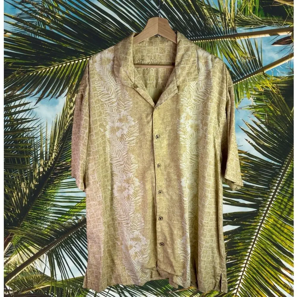 Tommy Bahama Men's XXL Khaki White Tropical Palm Silk Button Up Hawaiian Shirt - Picture 1 of 7
